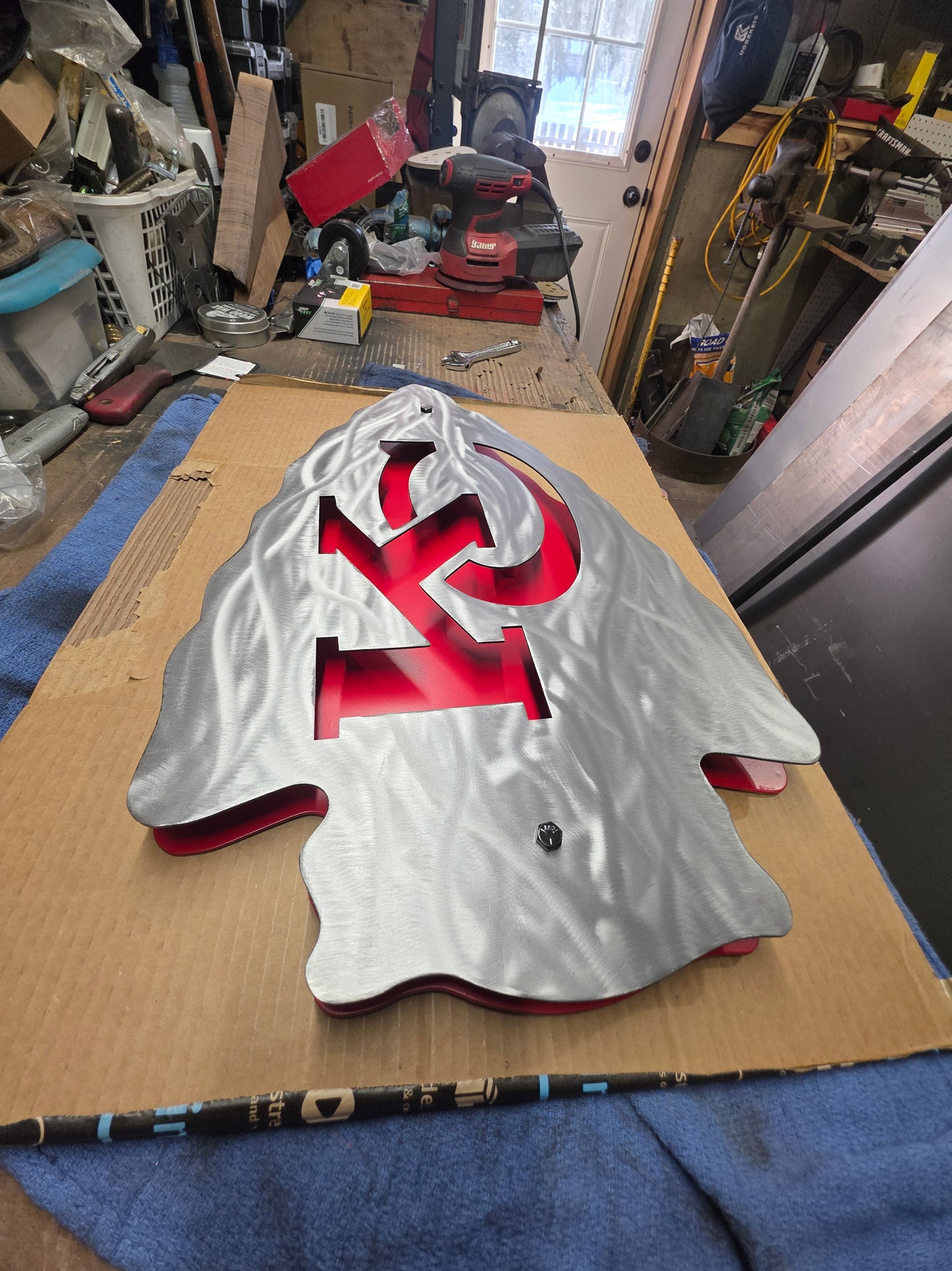 Kansas City Chiefs Double Layer Metal Sign –Cleared Brushed Steel & Red Wall Decor